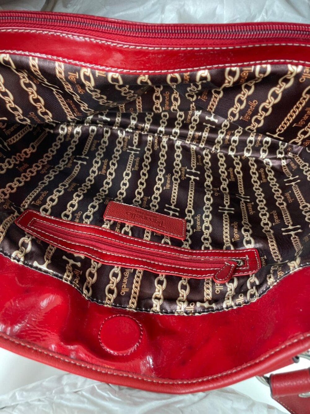 Tignanello Red Glossy Quilted Tote Bag With Dual Handles - Picture 8 of 16